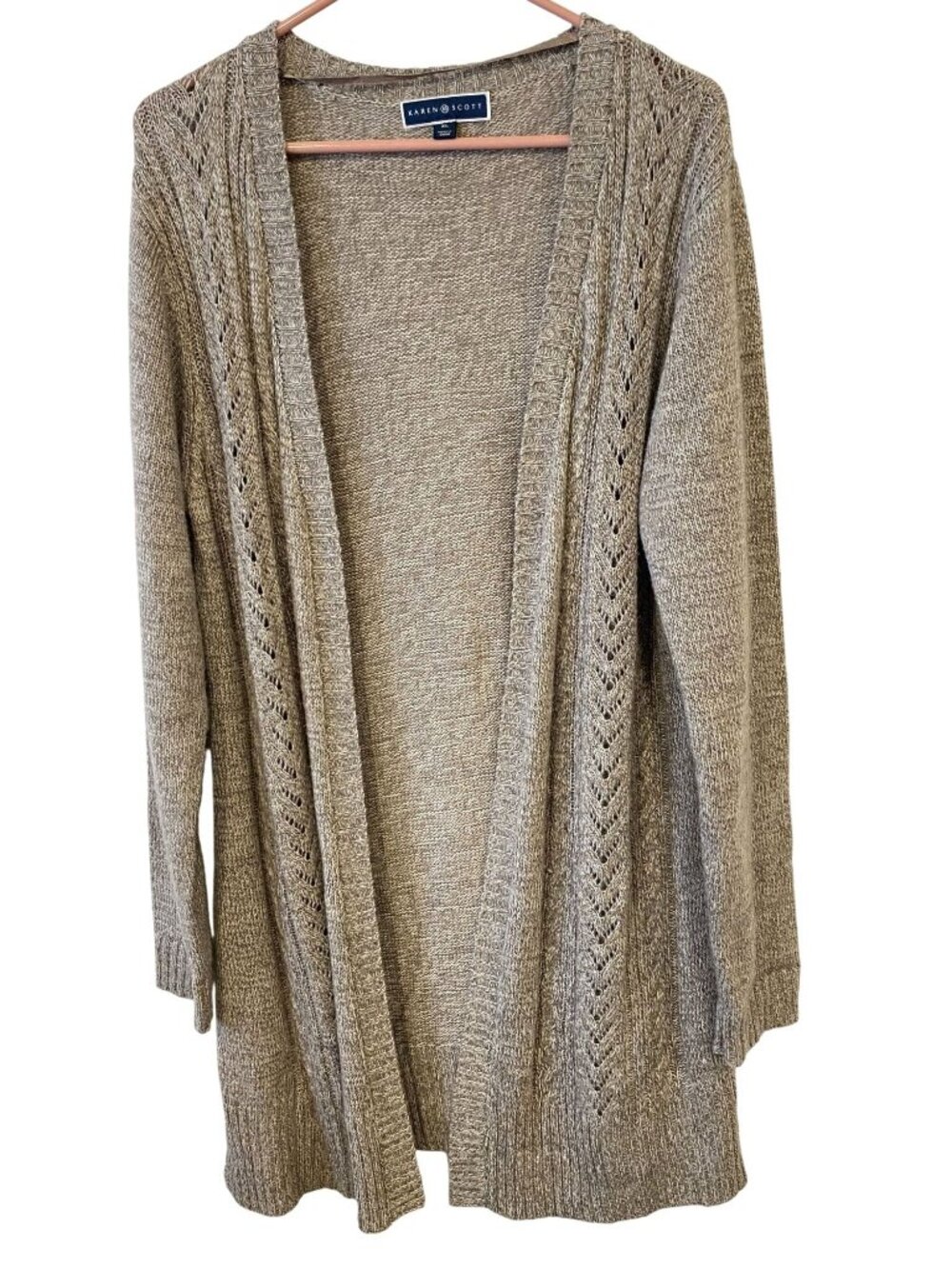 Karen Scott Womens XL Beige Pointelle Open Front Long Cardigan Coastal Lagenlook